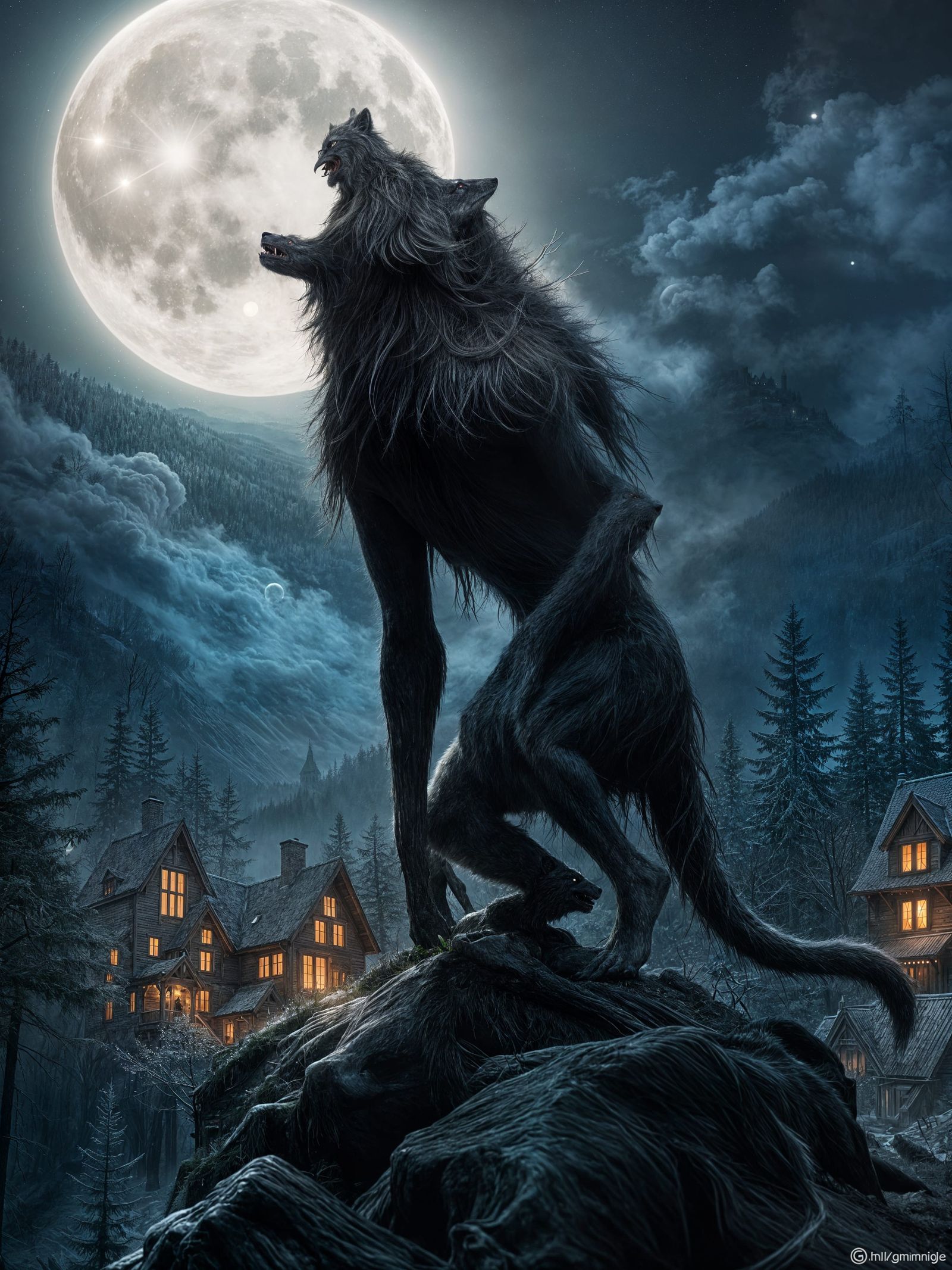 Savage Werewolf Howling at Moon Over Village