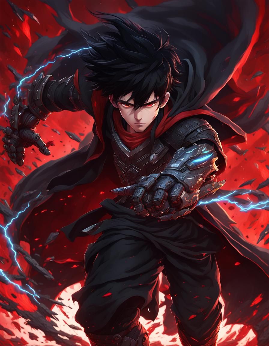 Anime Boy with Red Eyes and Black Thunder