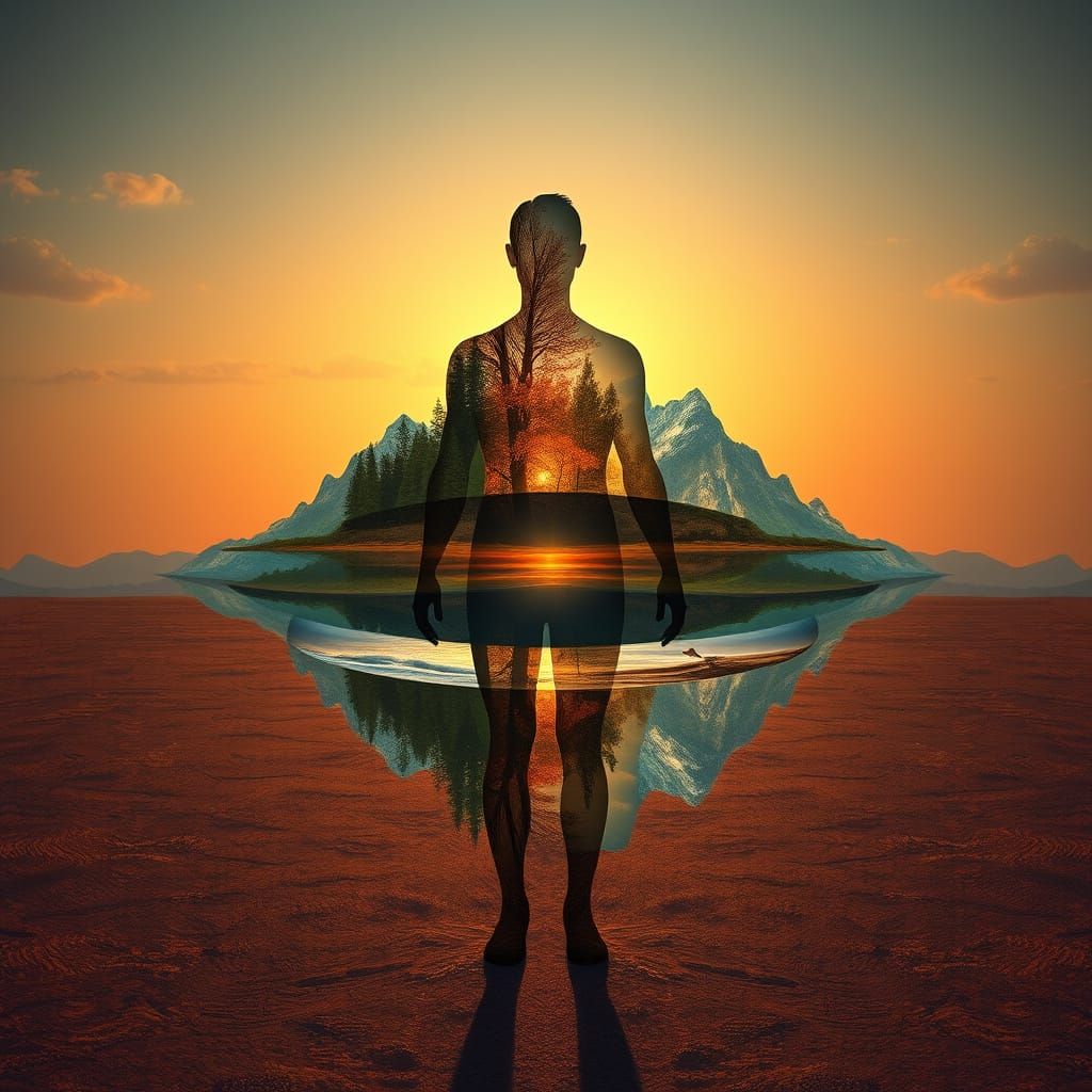 Mirrored Fractal Human Reflecting Nature's Harmony