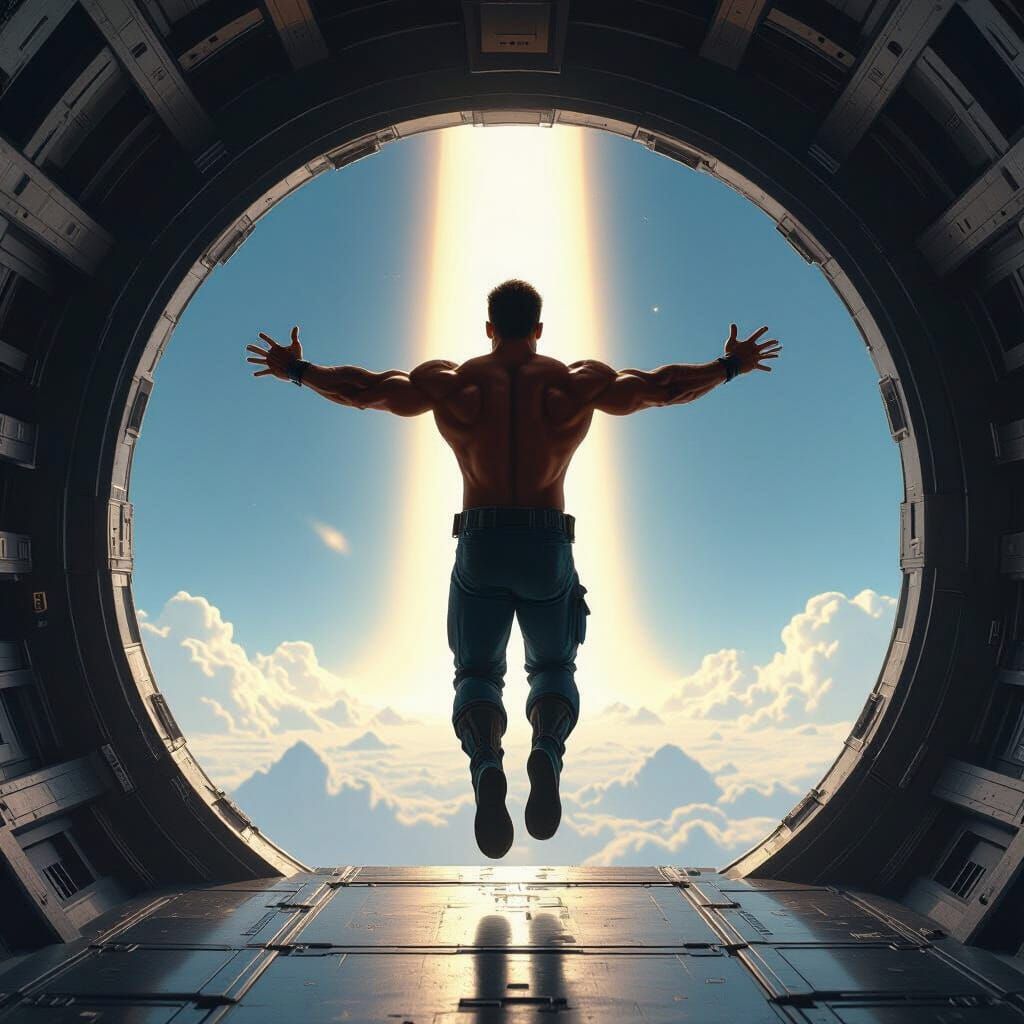 Man Launches into Future from Spaceship in Digital Painting