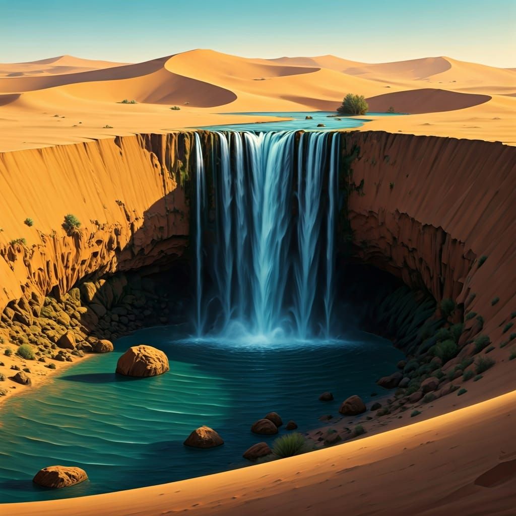 Surreal Desert Waterfall Oasis in Sahara