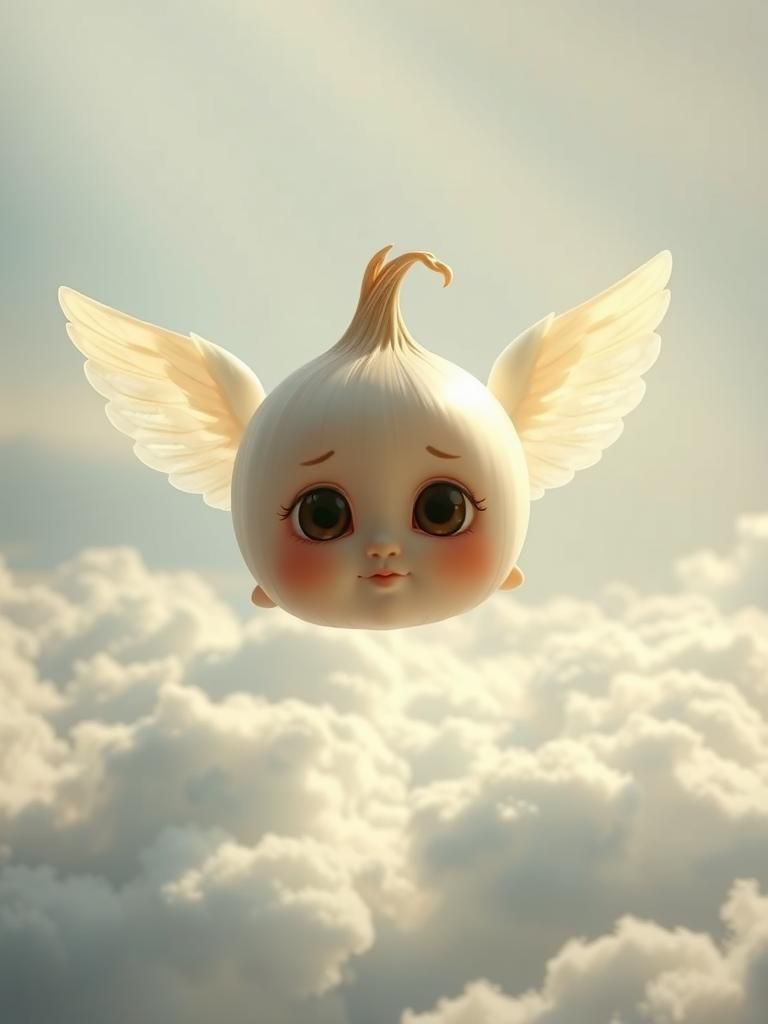 Onion Angel Flying Over Clouds with Volumetric Lighting