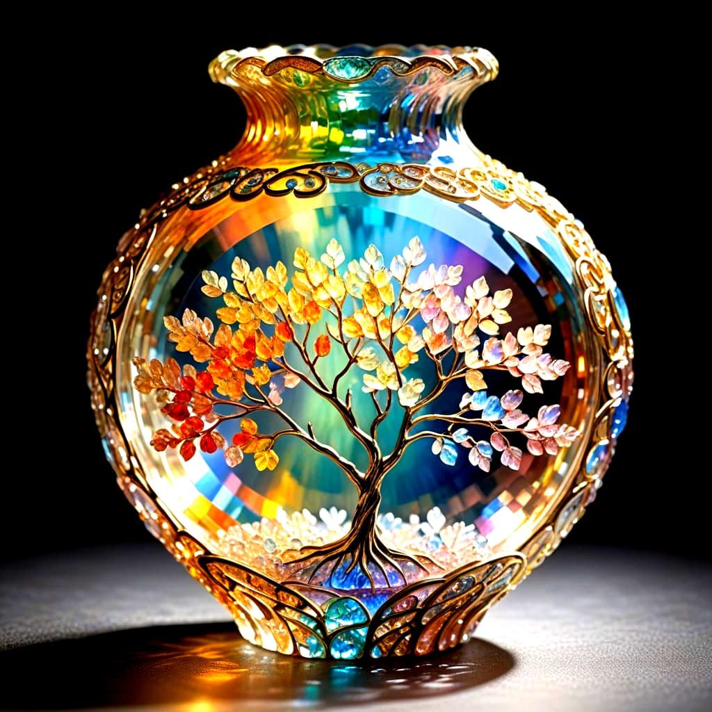 Glowing Tree of Life in Crystal Vase on Damask Background