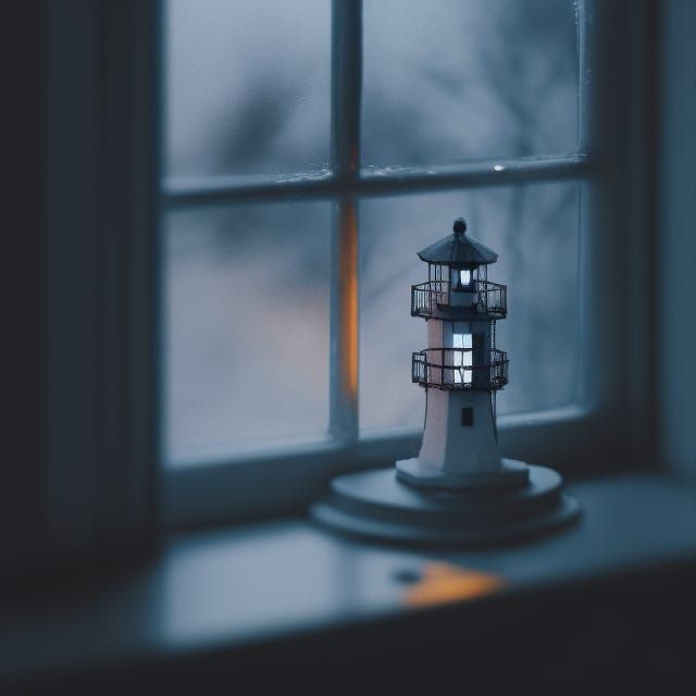 Miniature Lighthouse in a Windowsill at Night