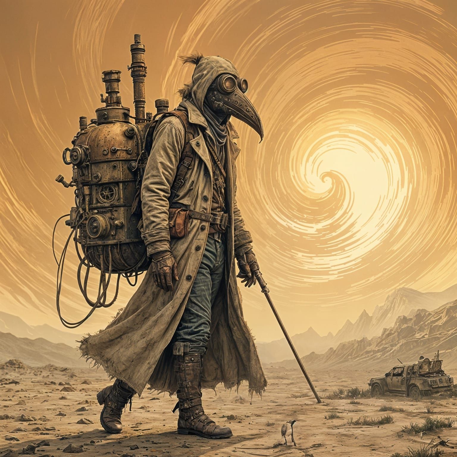 Gritty Post-Apocalyptic Wanderer Explores Barren Wasteland i...