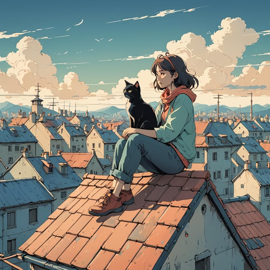 Girl and Cat on Roof in Ghibli Style