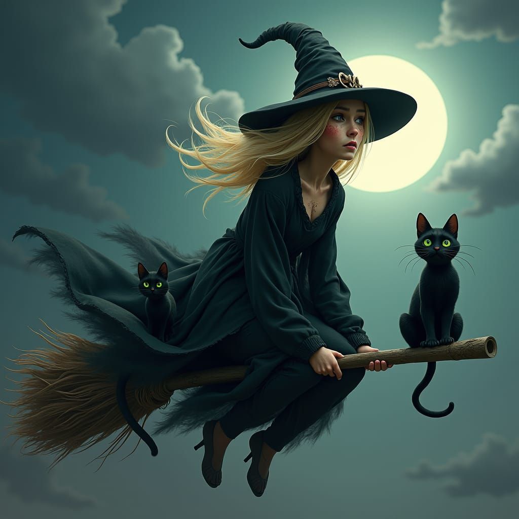 Eerie Witch Soaring Through Moonlit Sky