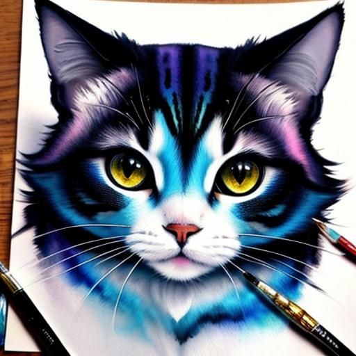 Chibi Cat Portrait in Detailed Gouache Style