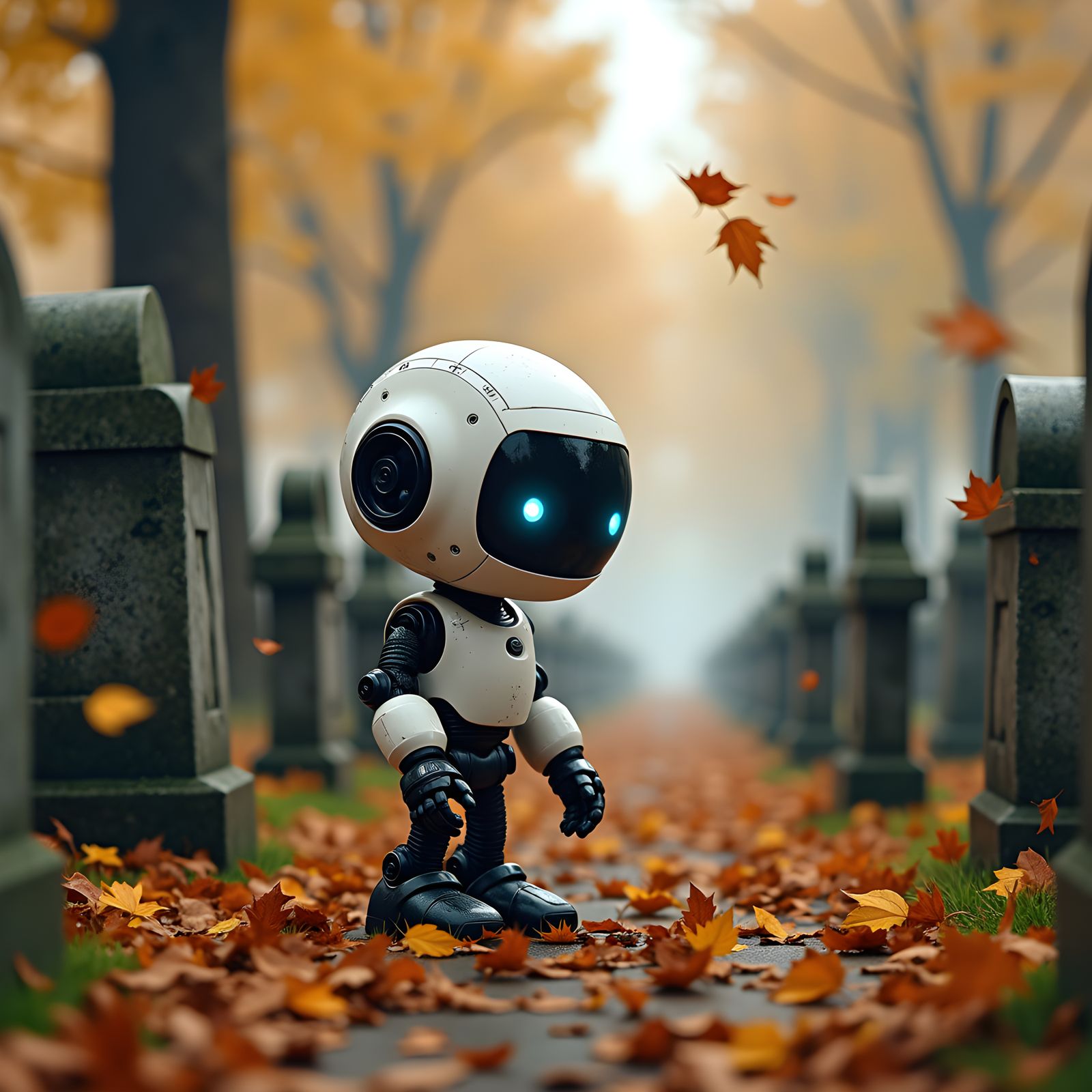 Robot Grieving in Autumn Cemetery