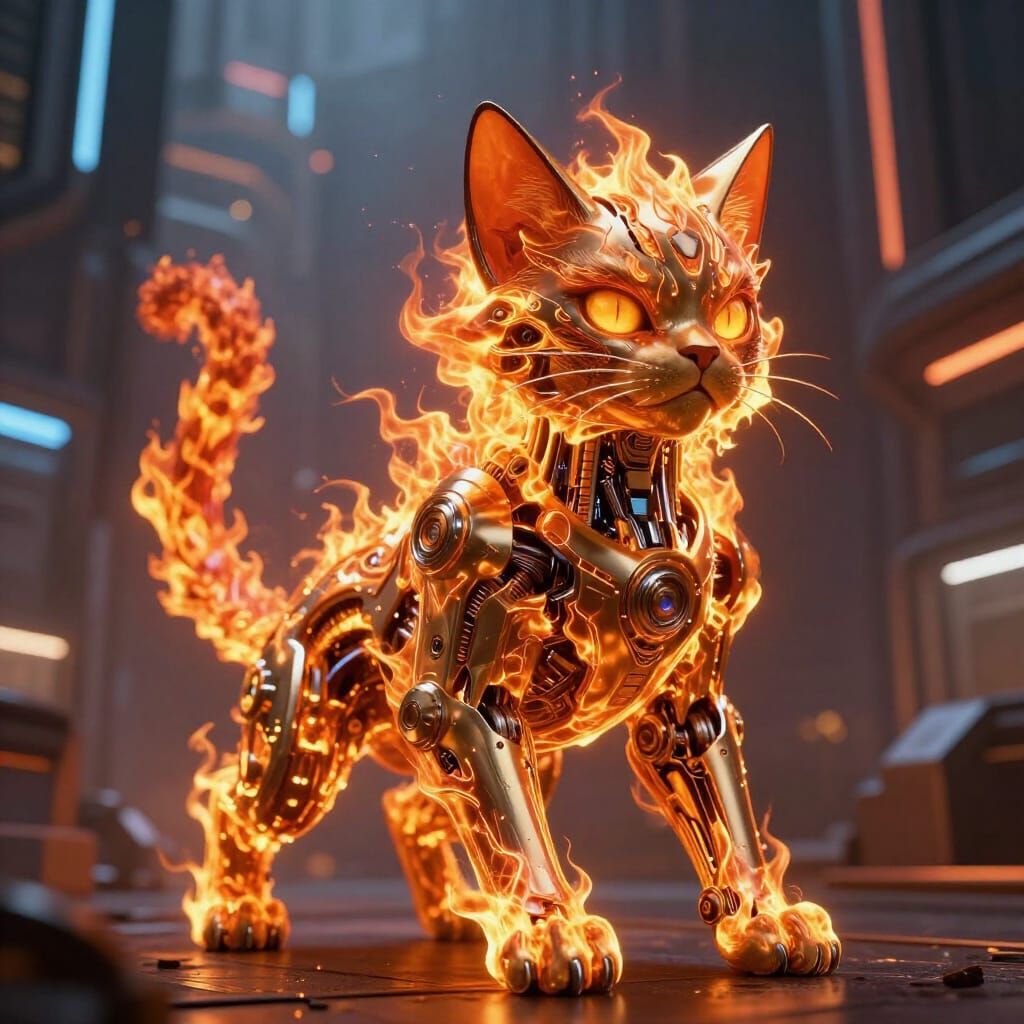 Fiery Chrome Cat in Futuristic Cityscape