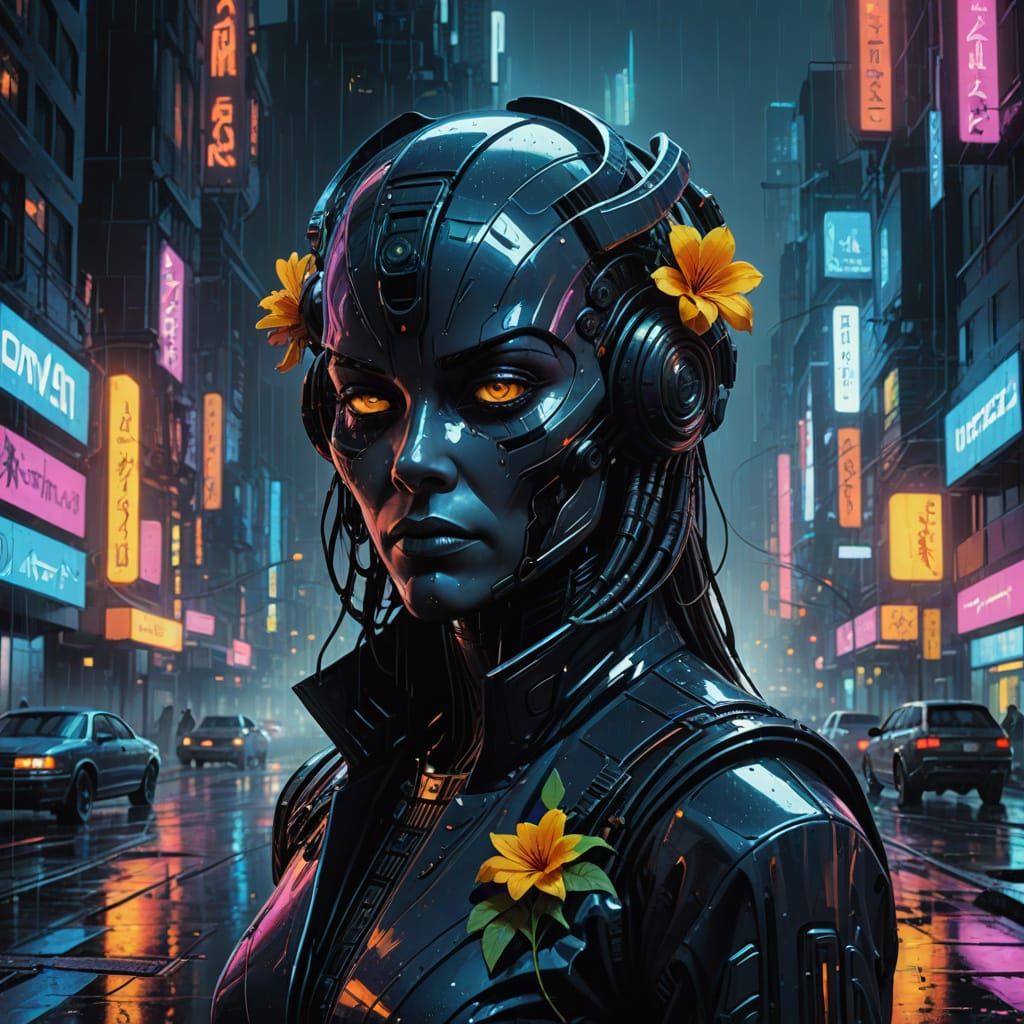 Vibrant Floral Portrait in Neon Noir Cityscape