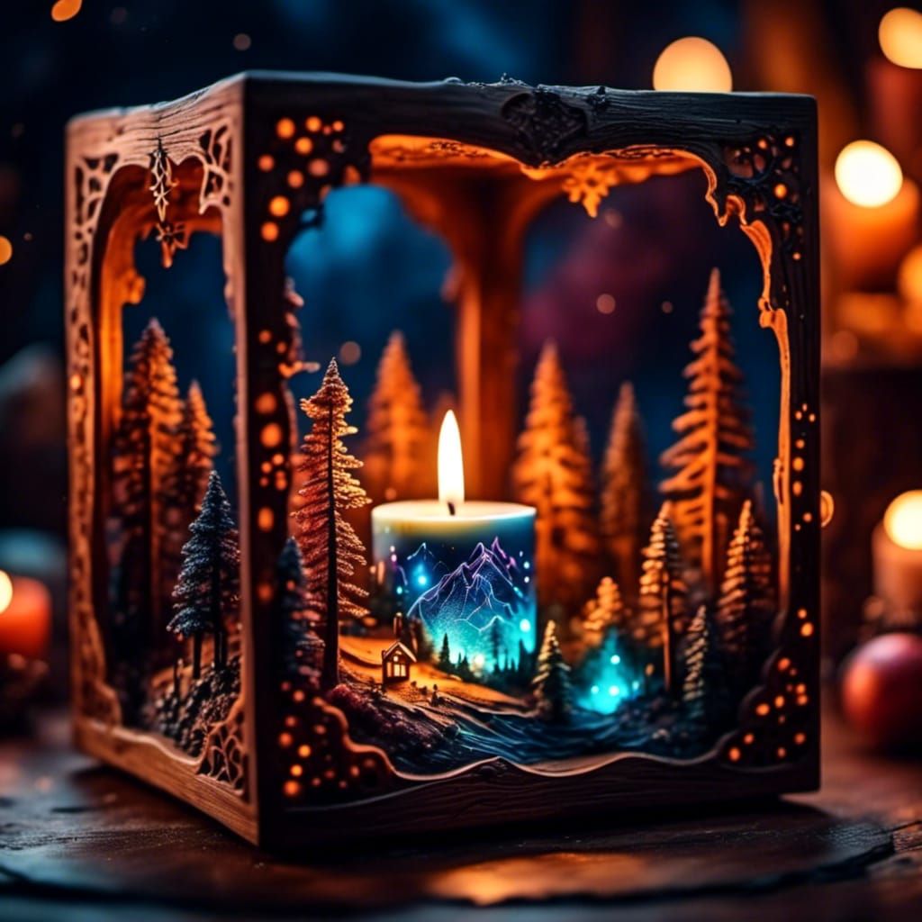 Miniature Candle in Carved Wood Housing