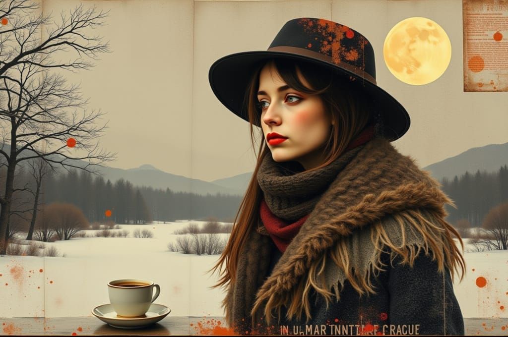 Winter Coffee at Cafe: Mixed Media Oil Painting