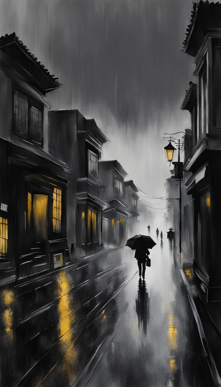 Minimalist Ink Painting of Rainy Western Street