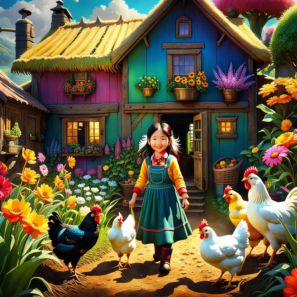 Colourful Farm Home Scene with Happy Family