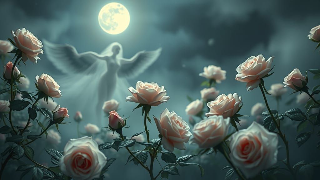 Spectral Rose Garden Under Moonlight