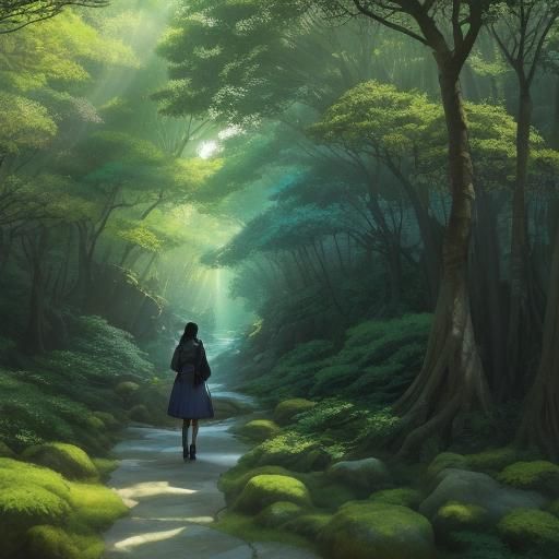 Anime Girl in Jungle Sunlight, Watercolor Style