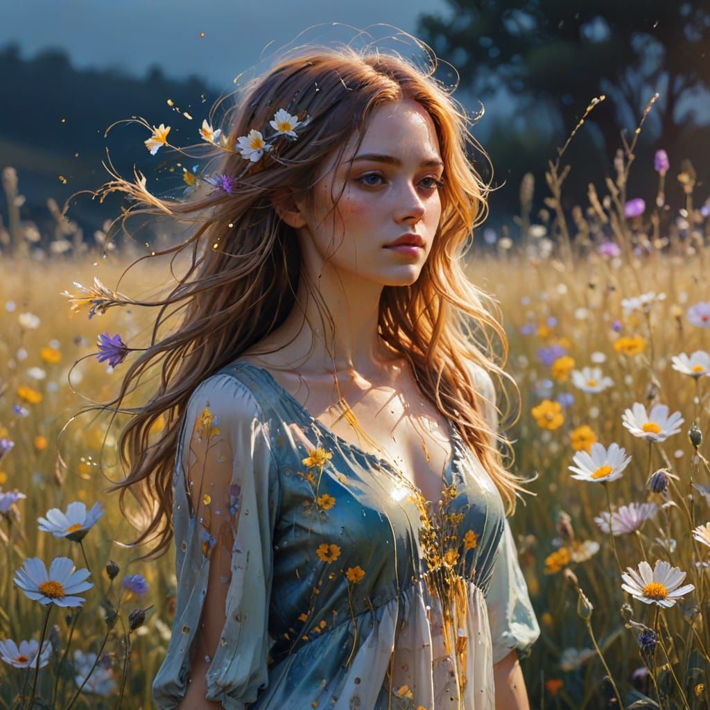 Ethereal Girl in Flower Field Splash Art