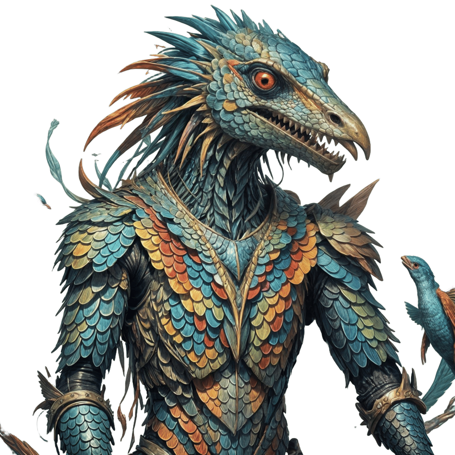 Colorful Scaled Humanoid Creature with Bird Beak