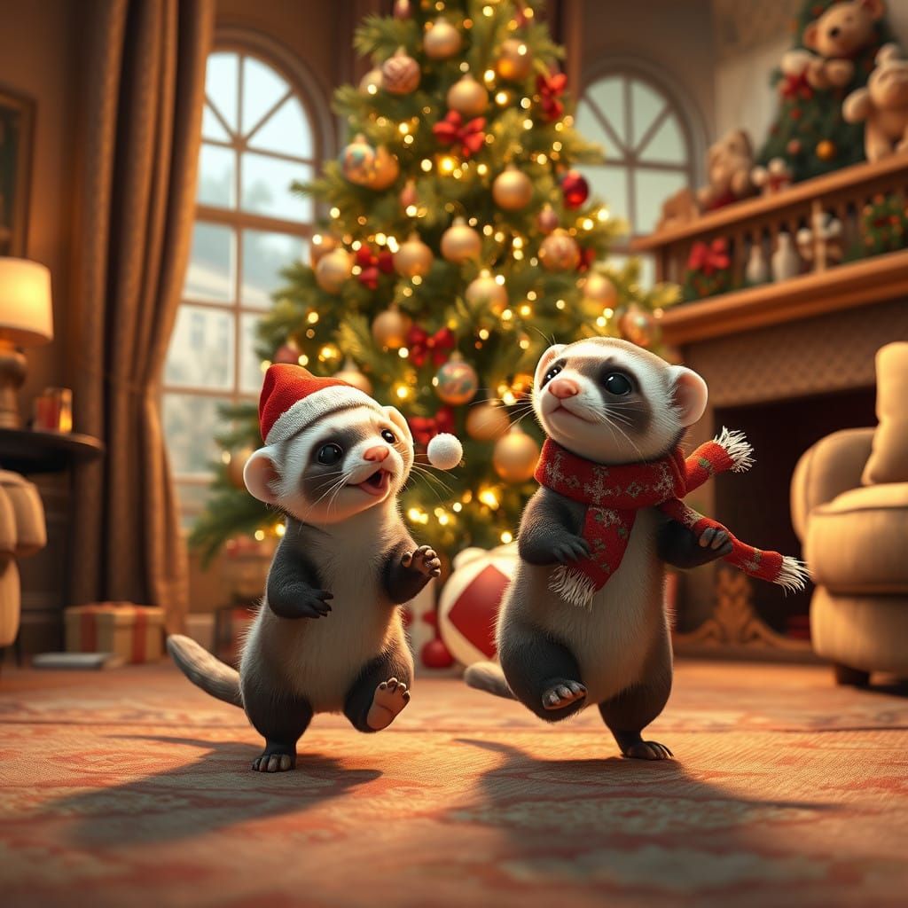 Ferrets Frolic Amidst a Whimsical Christmas Wonderland in Fu...