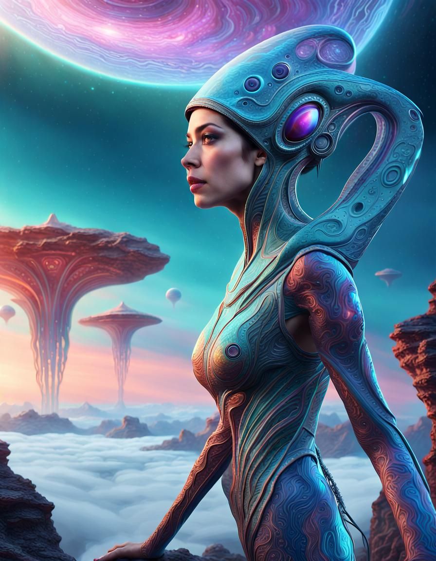 Alien Woman Gazes at Sci-Fi Planet: Digital Art