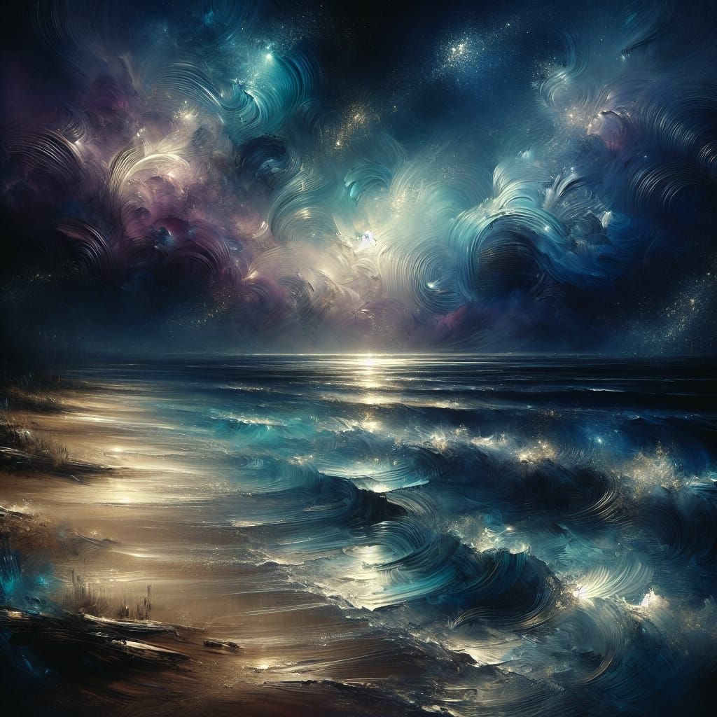 Dreamy Moonlit Coastal Scene in Oil-Inspired Style