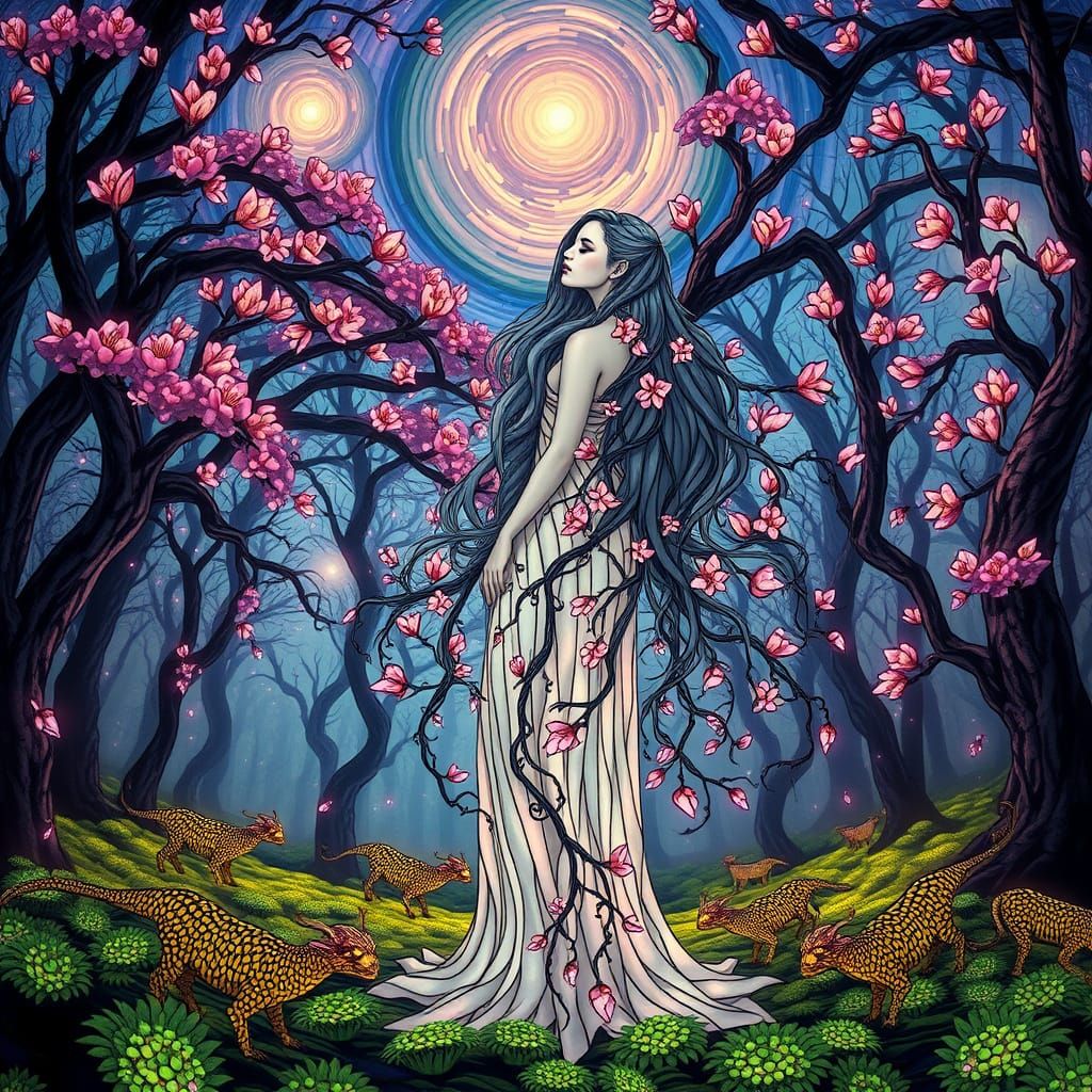 Woman in Stained Glass Forest: a Surreal Artwork