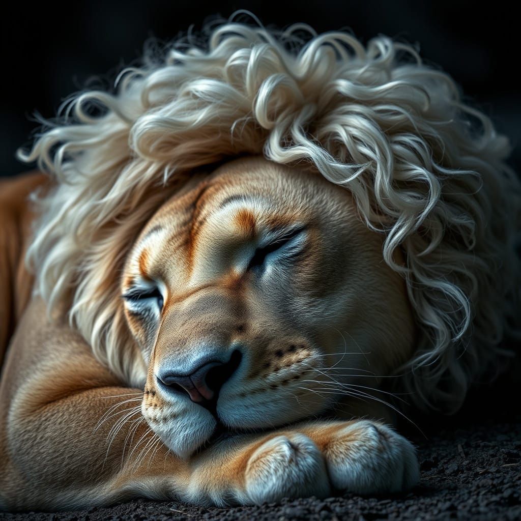 Sleeping Lioness with White Curly Hair in Hyperrealistic Sty...
