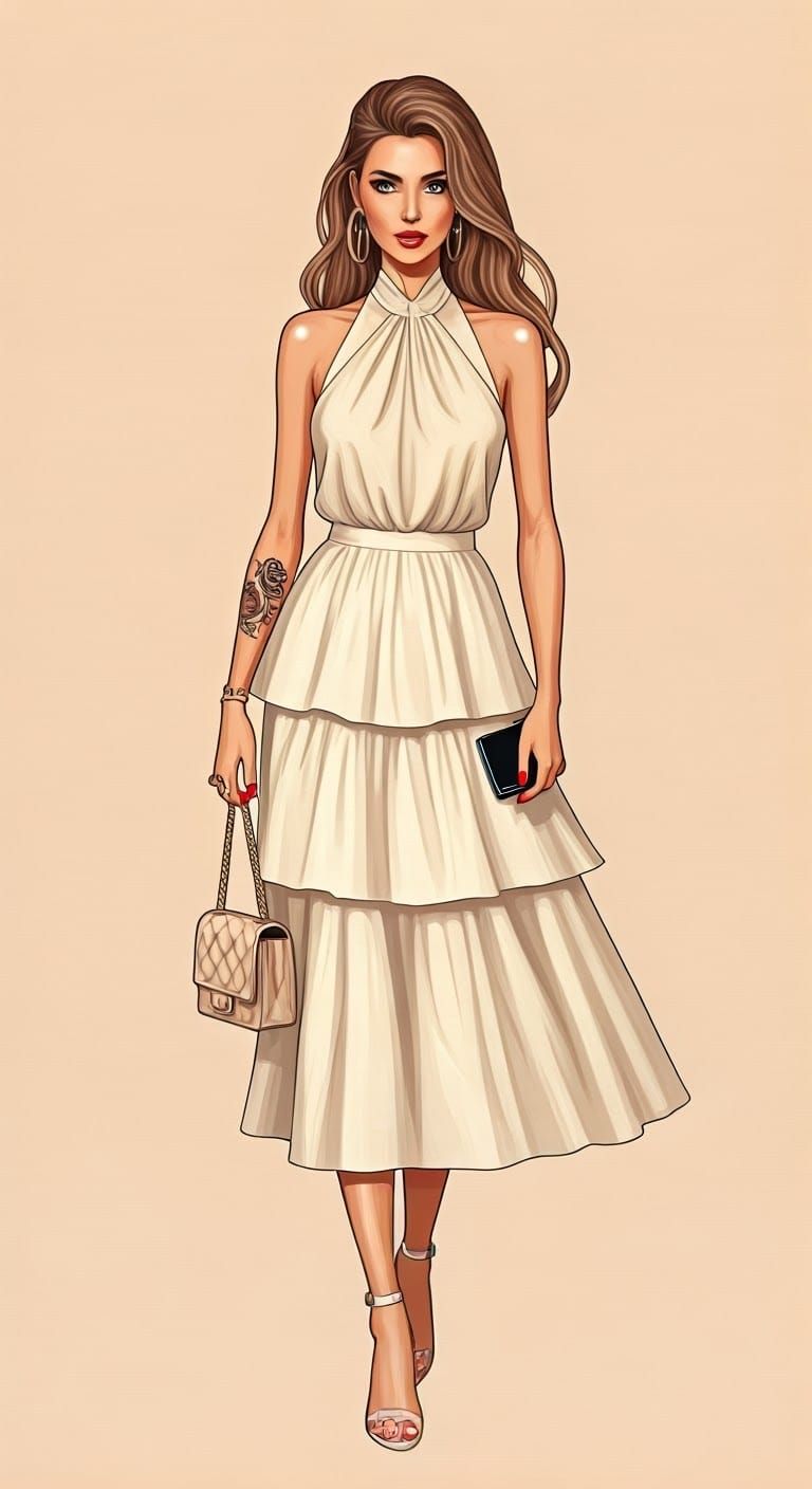 Elegant Woman with Quilted Purse Art Nouveau Style