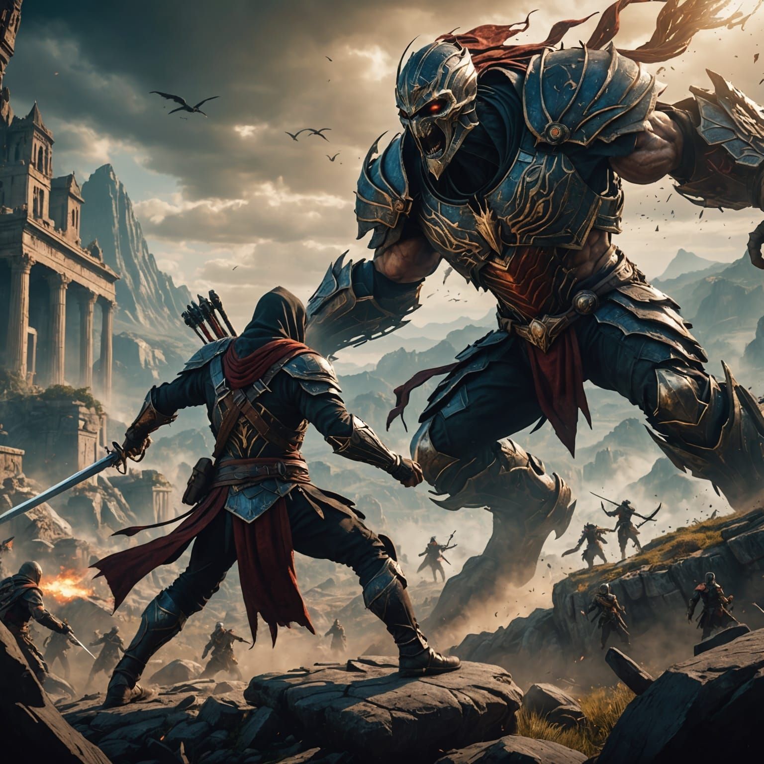 Assassin Battles Earth Titan: Detailed Fantasy Art