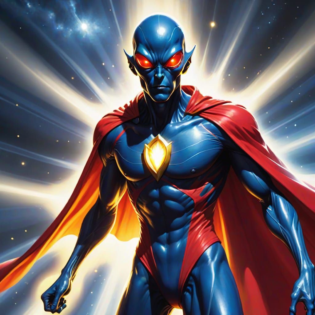 Blue-Skinned Alien Shakes Head Under White Light