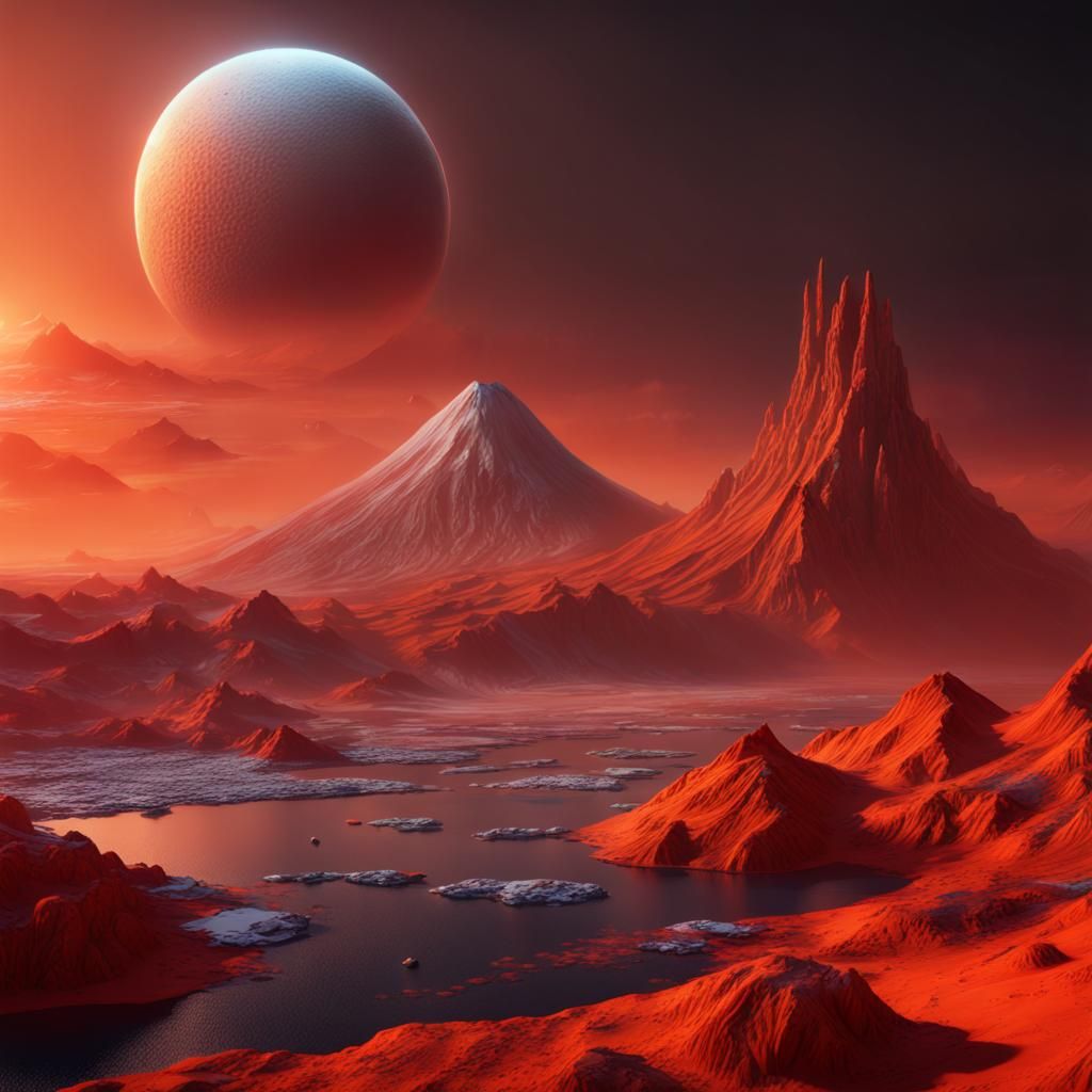 Volcanic Red Planet with Frozen Moon: Fantasy Concept Art