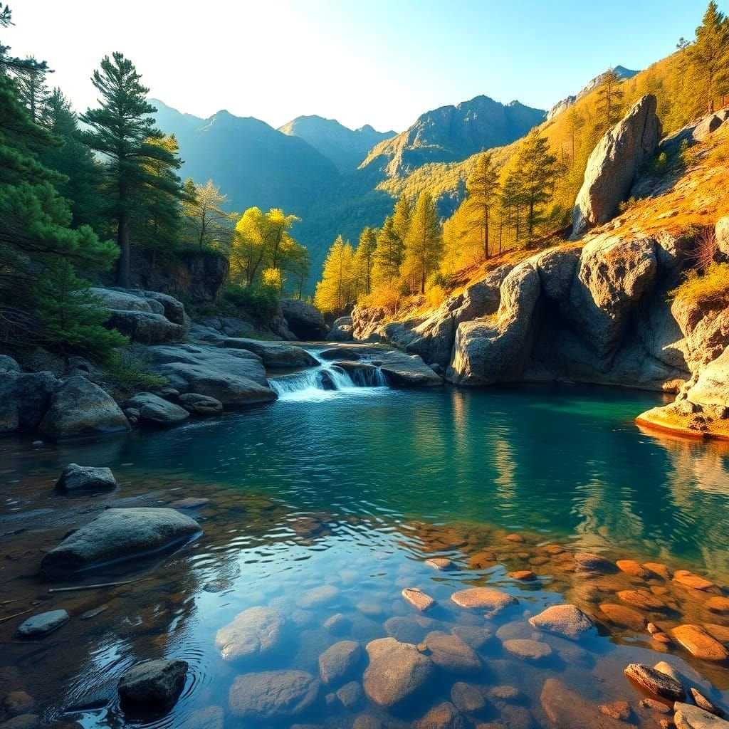 Vibrant Coral Waterfall Amidst Serene Hilly Lake