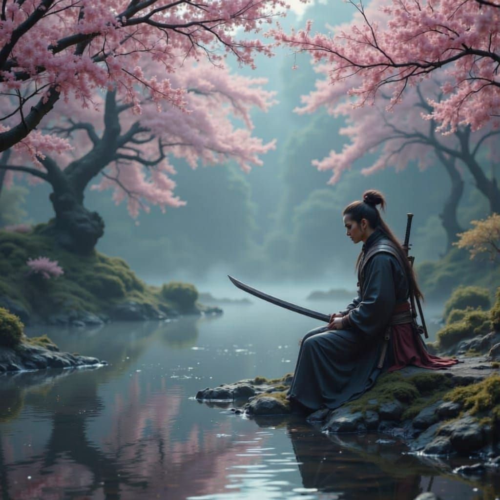 Ronin by Koi Pond in Mist-Shrouded Garden