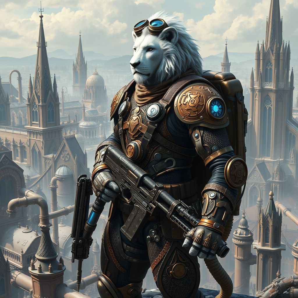 Steampunk Lion Warrior in Biomechanical Exosuit