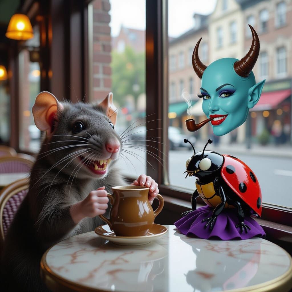 Cartoon Devil Rat and Ladybird in Cafe