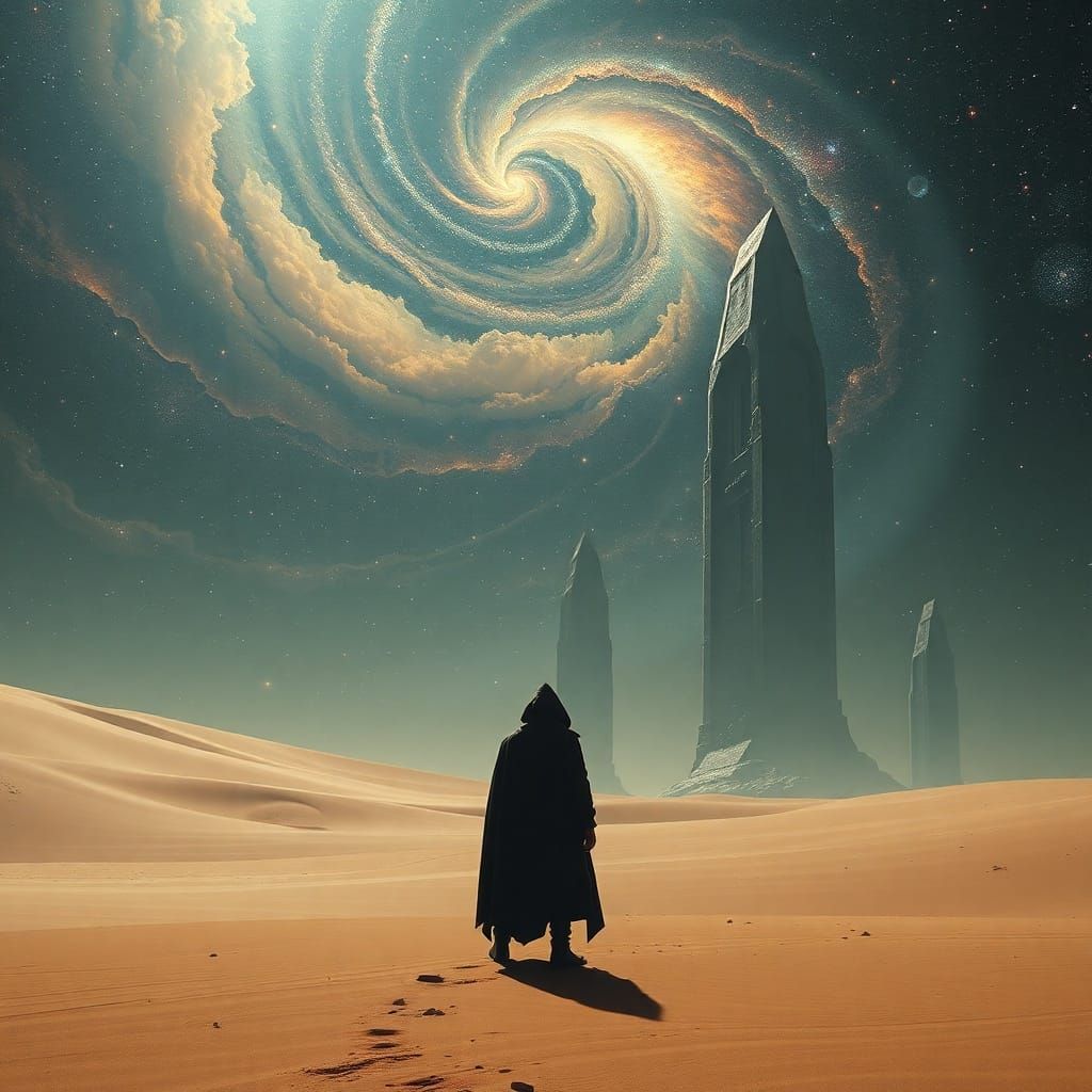 Cosmic Wanderer in Alien Desert Under Galactic Sky