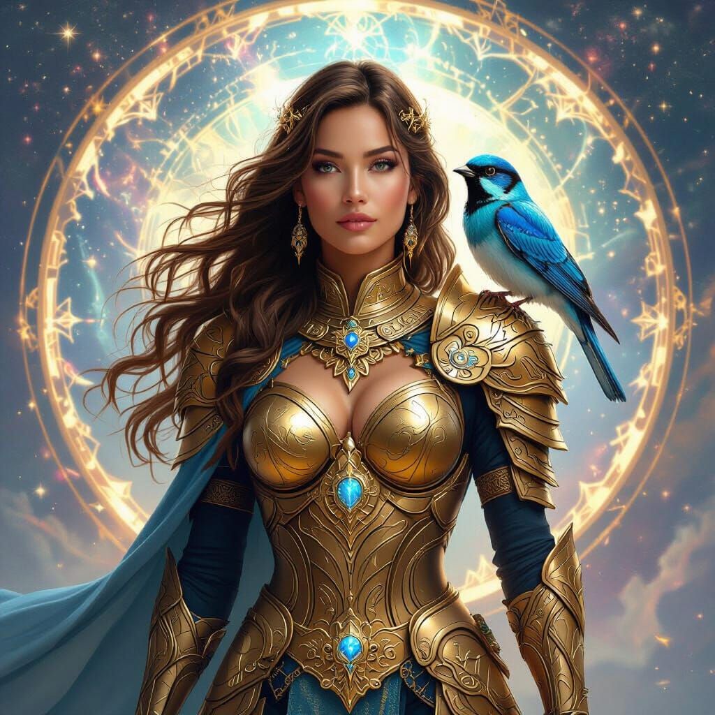 Golden Warrior with Celestial Armor and Astral Backdrop