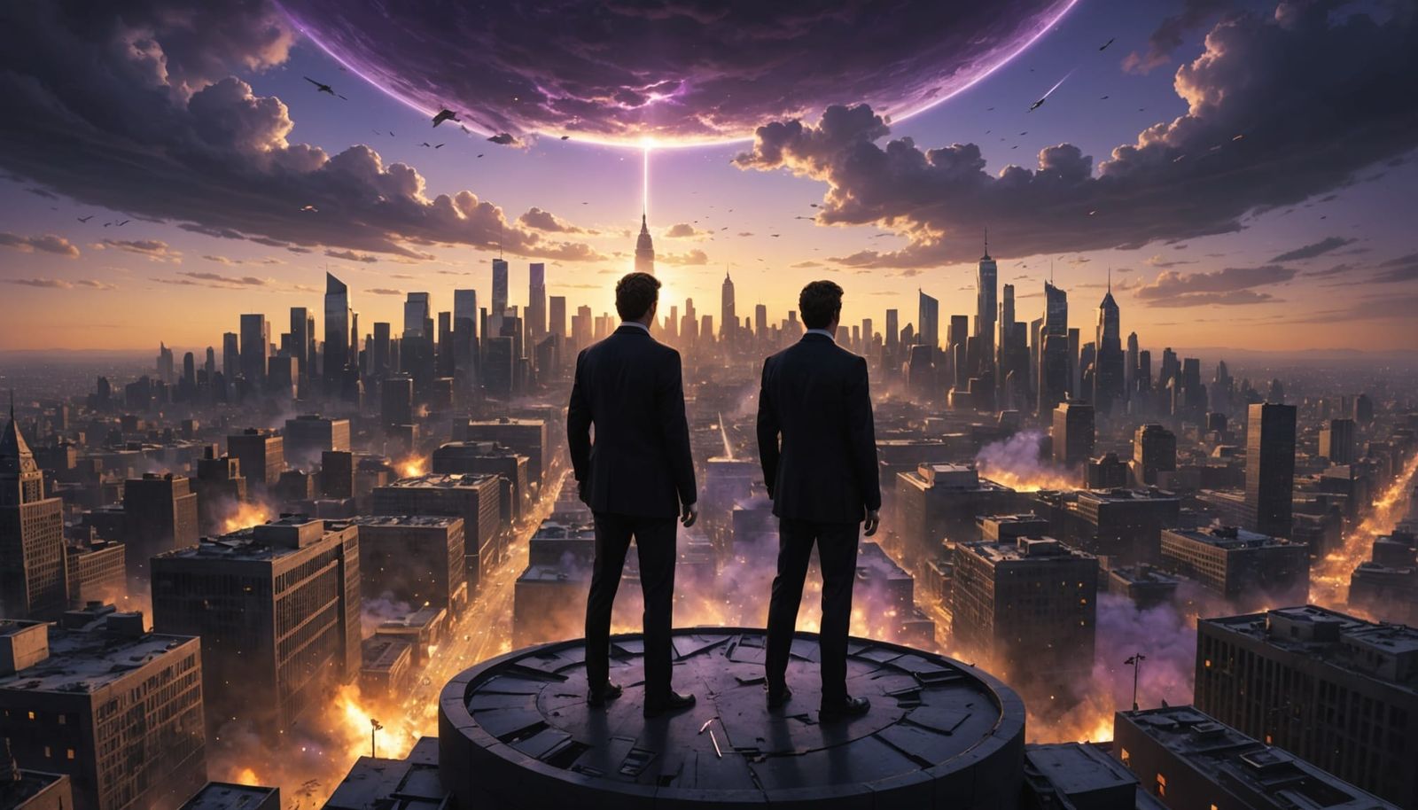 Rapture Unfolding Over City Skyline with MIB Agents