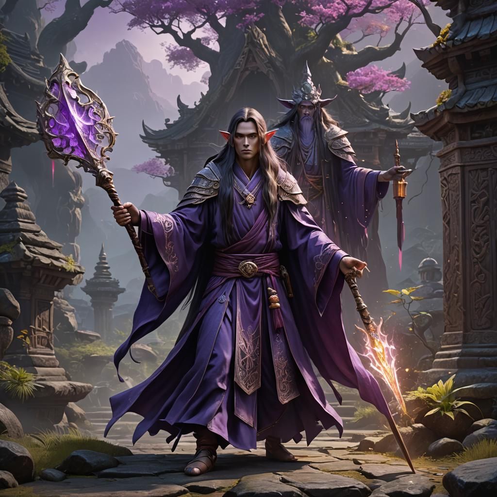 Ethereal Elf Monk with Spear in Fantasy Art Style