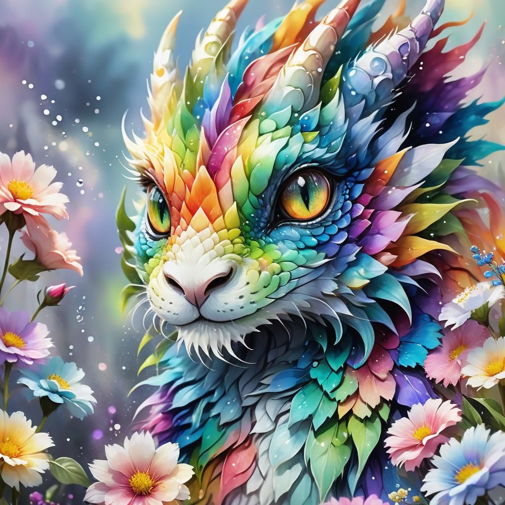 Rainbow Dragon with Flower, in Watercolor Style