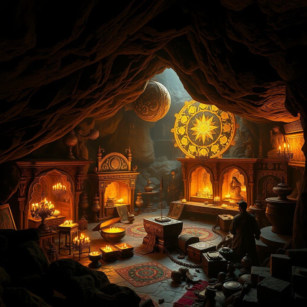 Ancient Treasure Cave Illuminated by Golden Light