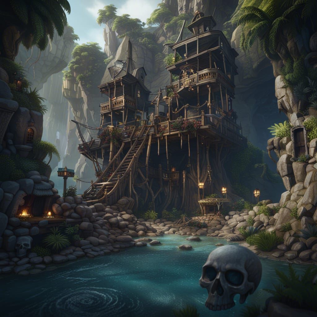 Skull Island Pirate Hideout in Detailed Matte Painting