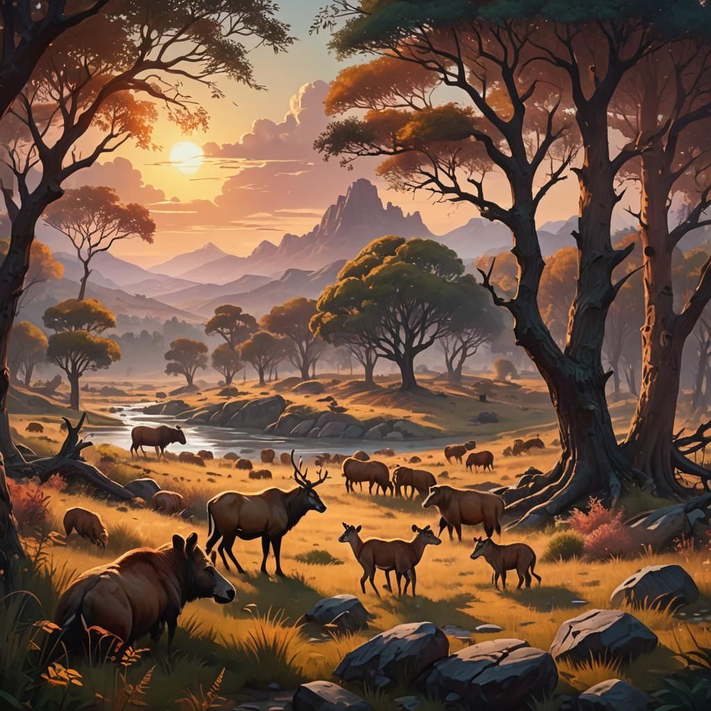 Serene Landscape with Grazing Animals, Oil Painting