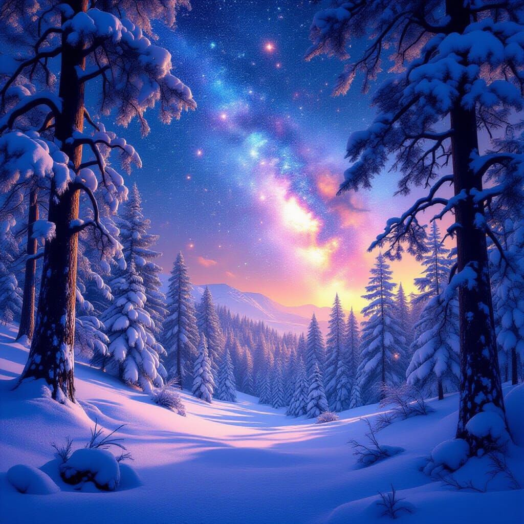 Winter Fairy Forest Under Galaxy Sky