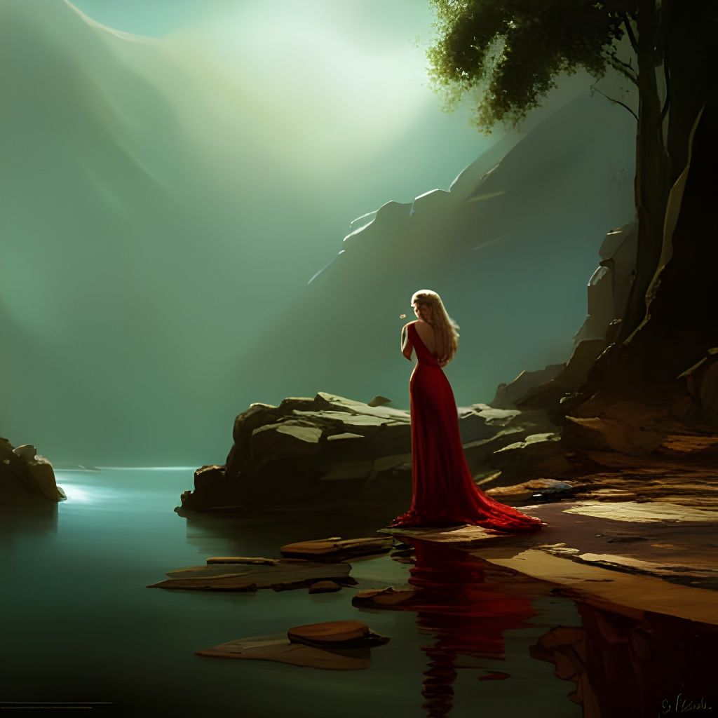 Ominous Steampunk Woman Crying by a Mountain Lake