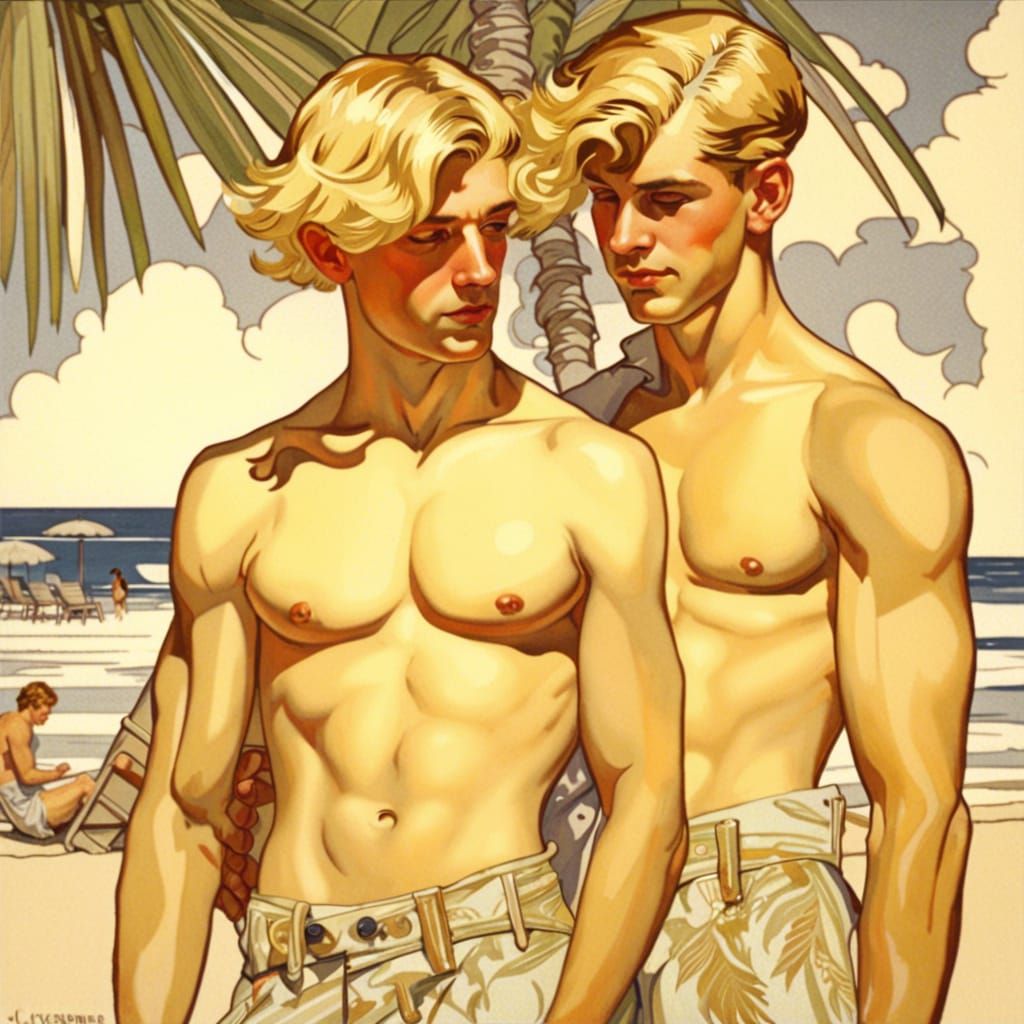 Vintage Illustration of Two Men on Beach