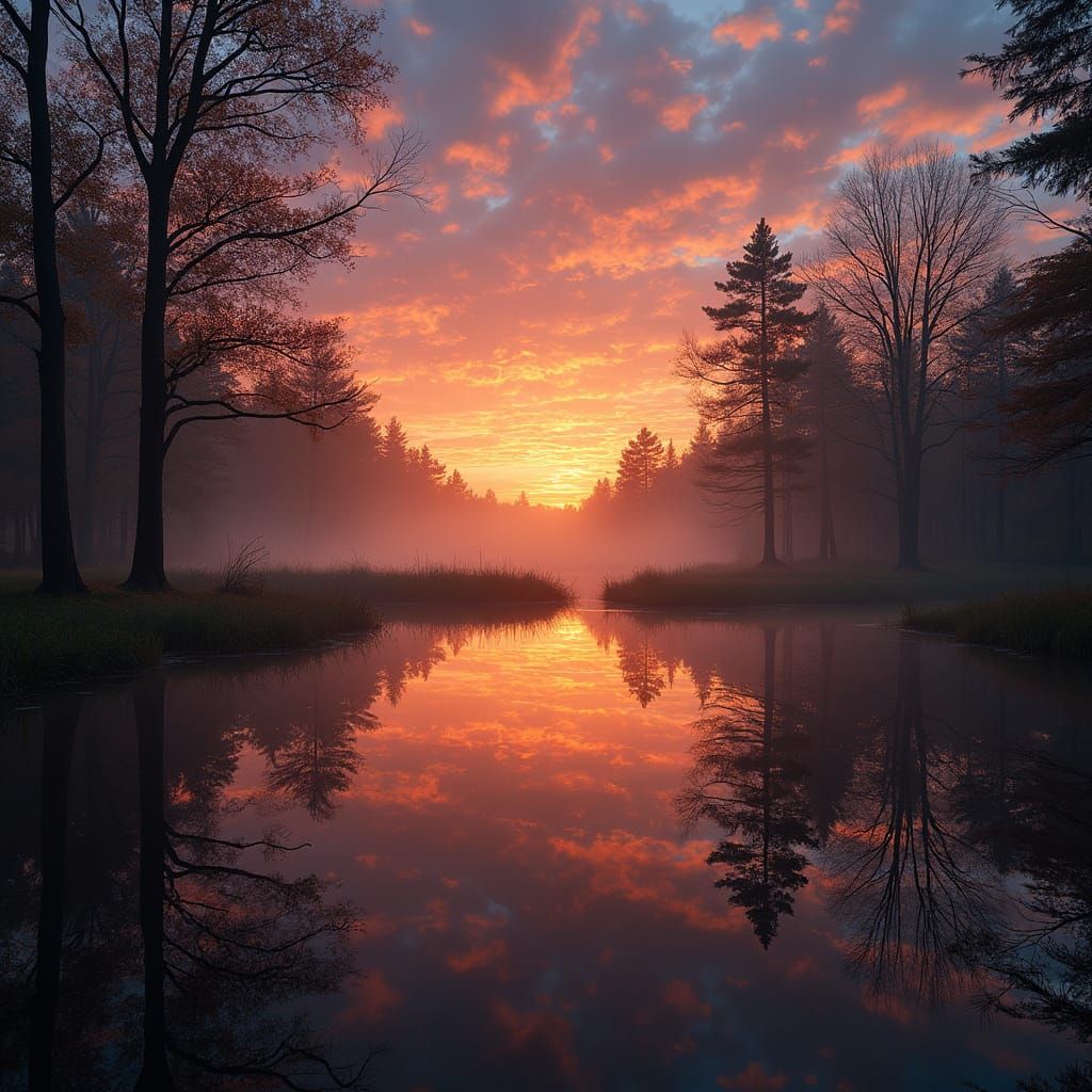 Upside-Down Sunset Mirrored in Lake Landscape