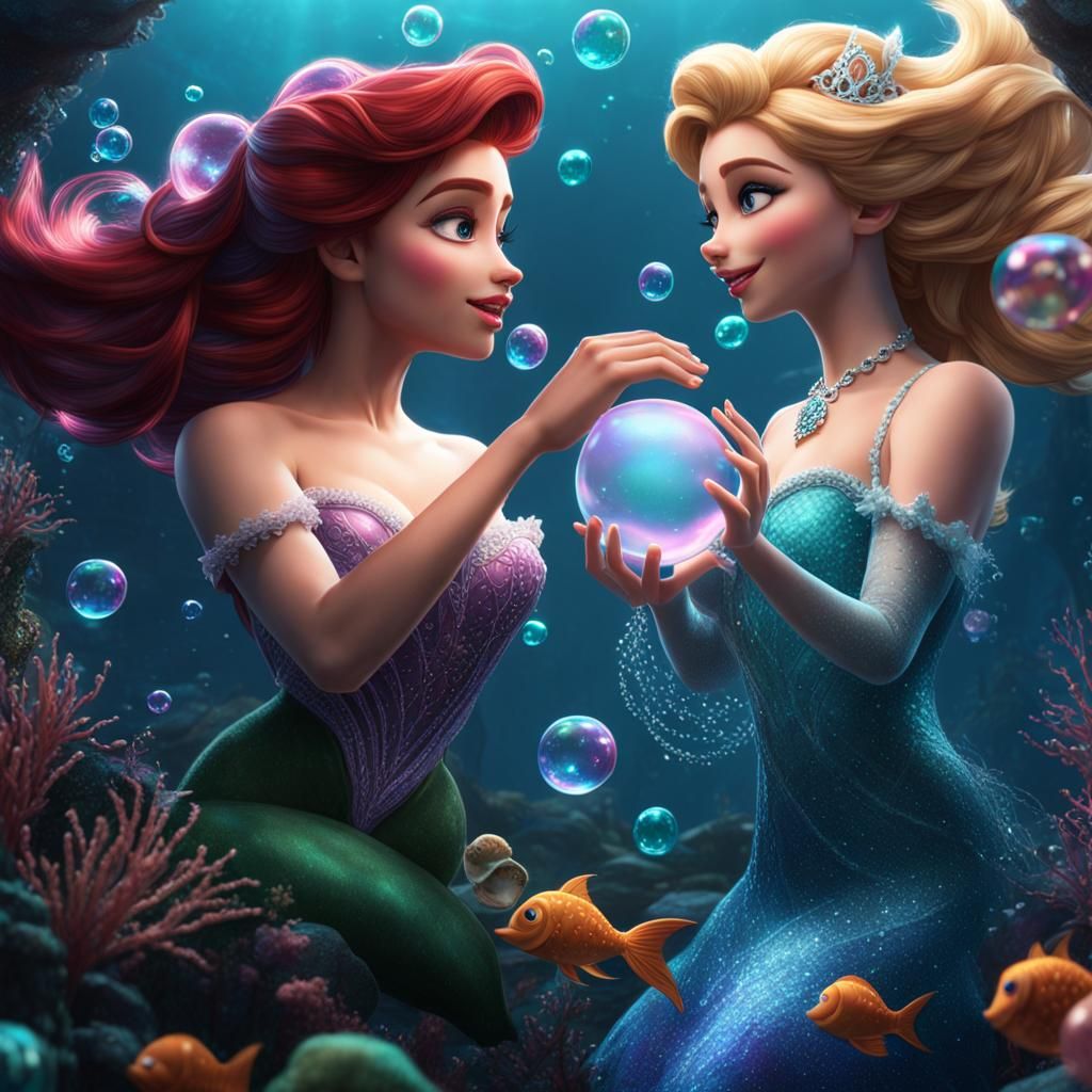 Ariel and Elsa as Mermaids Playing with Bubbles