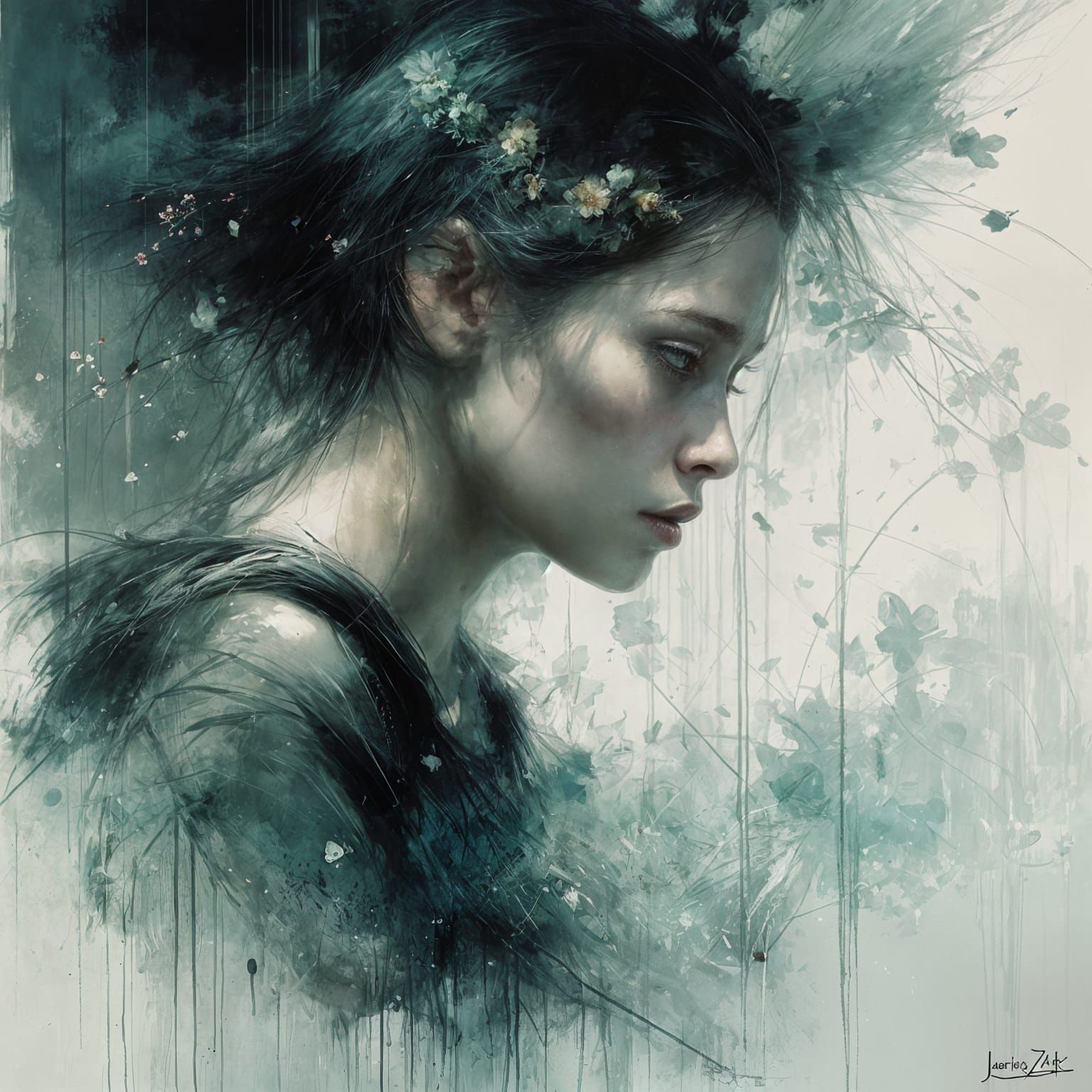 Mysterious Watercolor Fairy in Whimsical Landscape